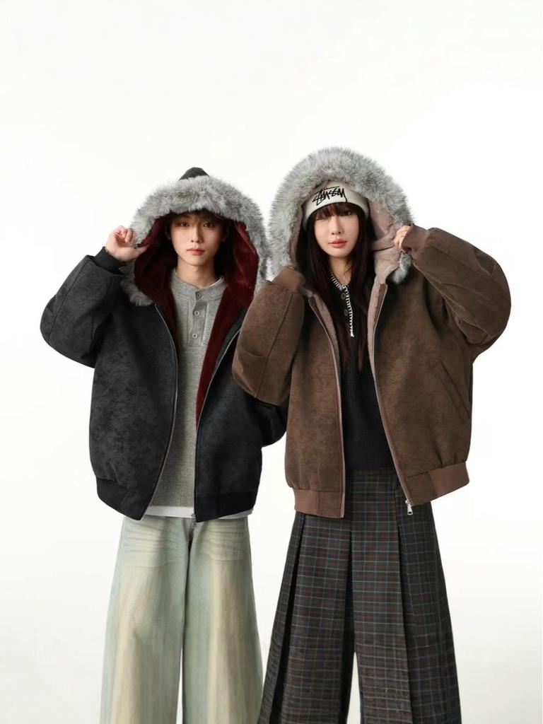 Unisex Double-Sided Wear Snow Eagle Fur Collar Hooded Jacket - Warm Cotton Autumn/Winter Plus Velvet Couples Design