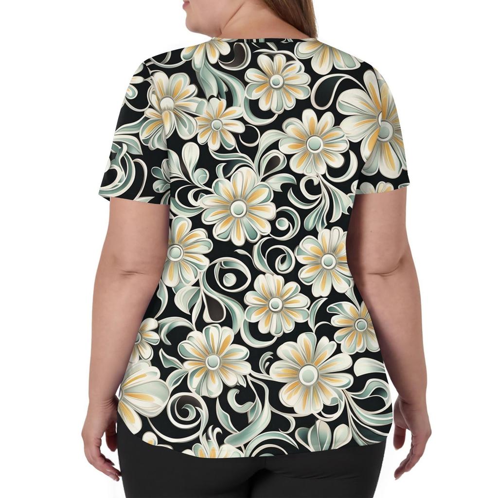 Women's Fashion V-Neck Short Sleeve Overalls With Pockets Print Tops Clothes