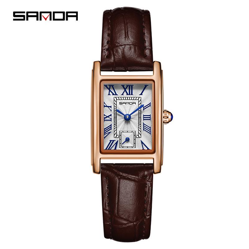 Stylish Sanda Square Steel & Leather Quartz Watch with Roman Numerals, Waterproof Design for Women