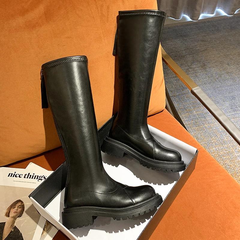 2024 New Autumn Women High Boots Fashion Ladies Soft Leather Flats Long Boots Back Zippers Women's Footwear