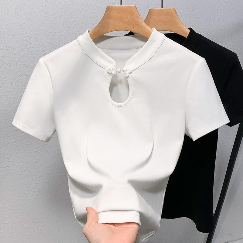 

Футболка с короткими рукавами в стиле ретро для женщин, летняя, новая женская однотонная хлопковая футболка с воротником-стойкой, новый китайский стиль, застегивающийся на пуговицы ажурный топ 3XL белый