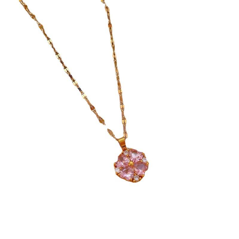 Auspicious Grass Pink Diamond Temperament Micro Diamond Necklace Women'S Exquisite Wind Collarbone Chain With Jewelry