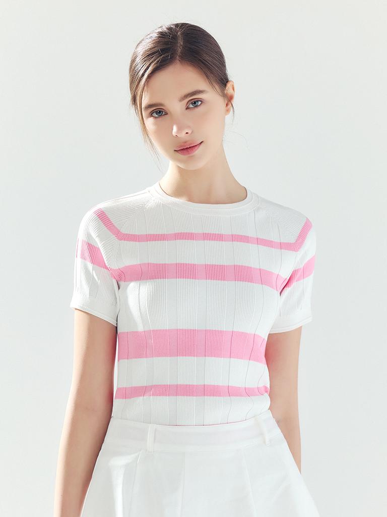 LORDLOAR Striped Ribbed Round Knit Pink