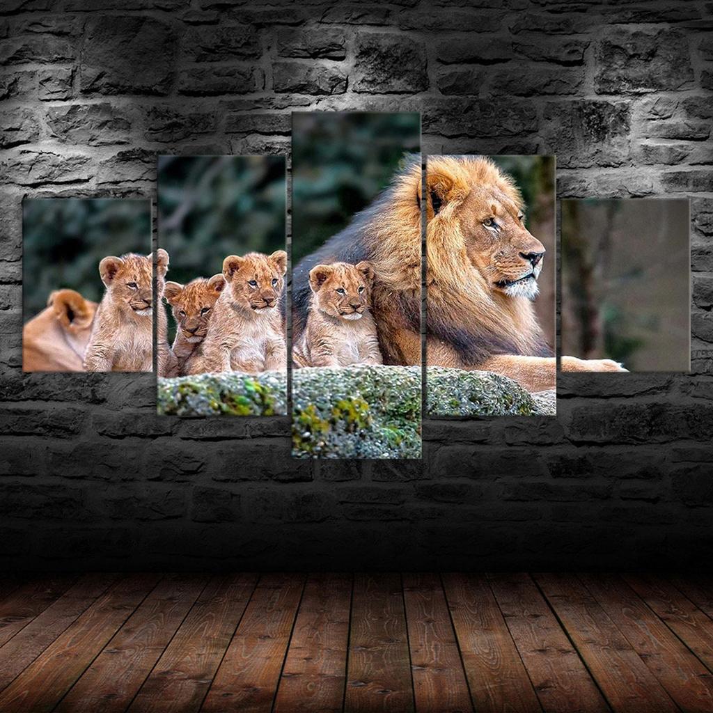 Lion Family Scene 5 Piece Five Panel Wall Canvas Print Modern Art Poster Home Decor Gift For Him For Her