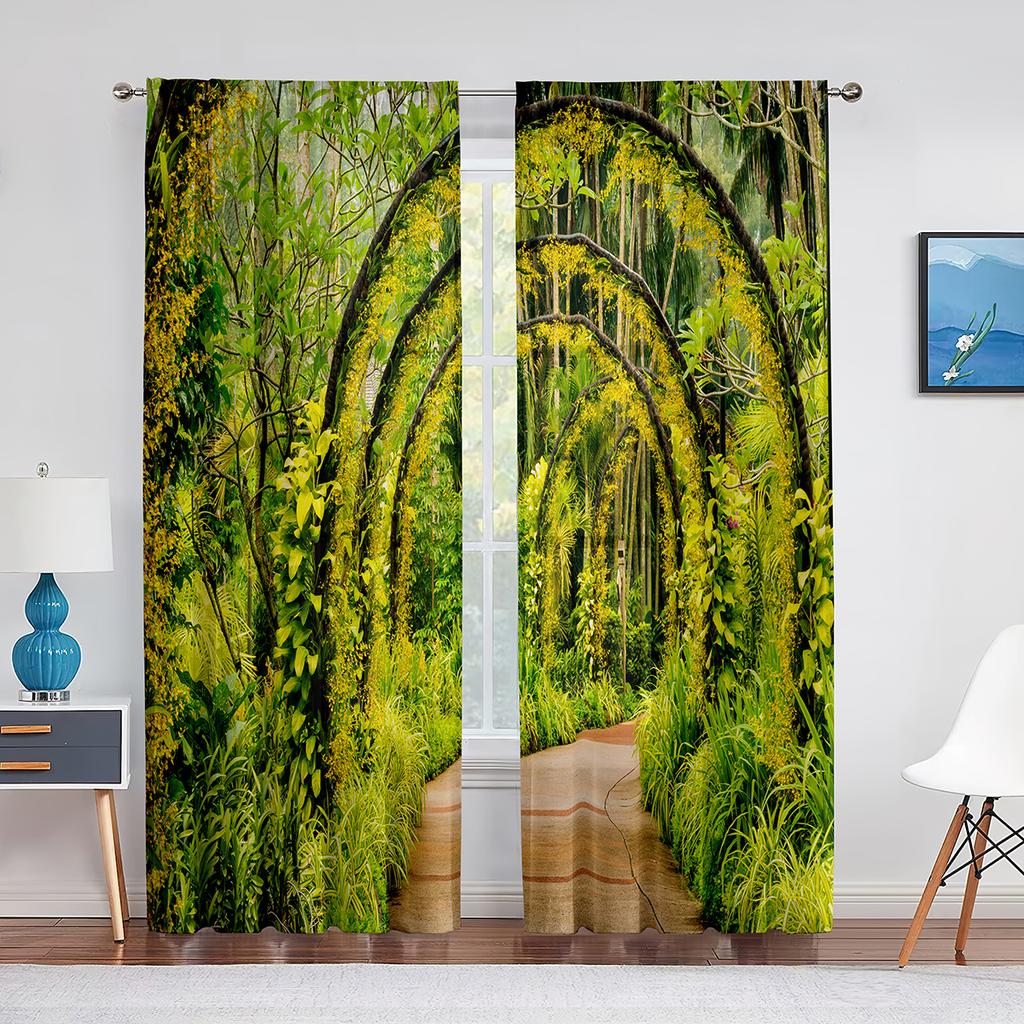 Pink Flowers Cherry Blossoms Park Spring Floral Trees Road Tulle Curtains for Living Room Chiffon Sheer Kitchen Bedroom Curtain