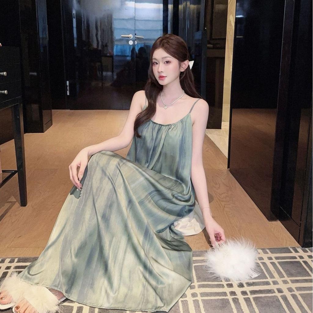 Spring and summer new ice and snow silk simple and elegant high-end temperament beautiful back suspender nightdress fairy fairy style long dress