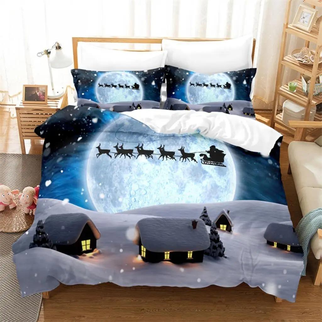 Weihnachts-Bettbezug-Set mit Weihnachtsmann-Motiv, Weihnachtsschlitten-Bettwäsche-Set, weich, bequem, atmungsaktiv, Bettbezug für Schlafzimmer und Gästezimmer