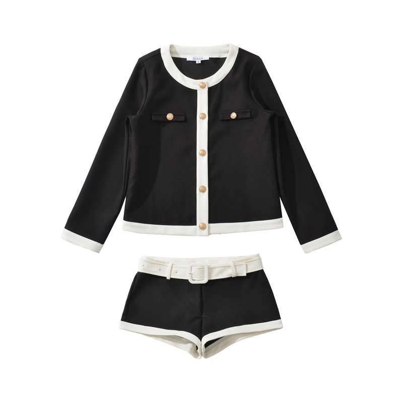 Zbzr Spring New Women clothes round Neck Long sleeve Age-Reducing Contrast Color Patchwork Jacket With Belt Shorts Set