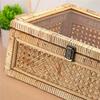 Rattan Display Box Rectangular Wicker Storage Basket Bin With Clear Lid Metal Secure Latch Handwoven Decorative Box