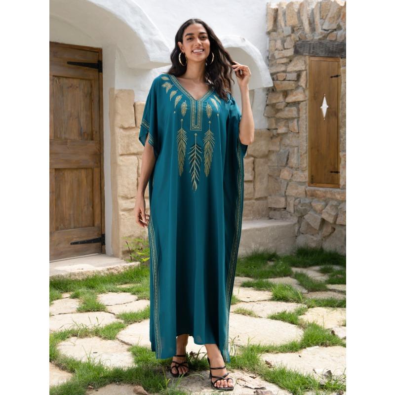 Women's Fashion Summer Spring Feather Print 1/2 Sleeves V-Neck Loose Waistline Casual Dresses