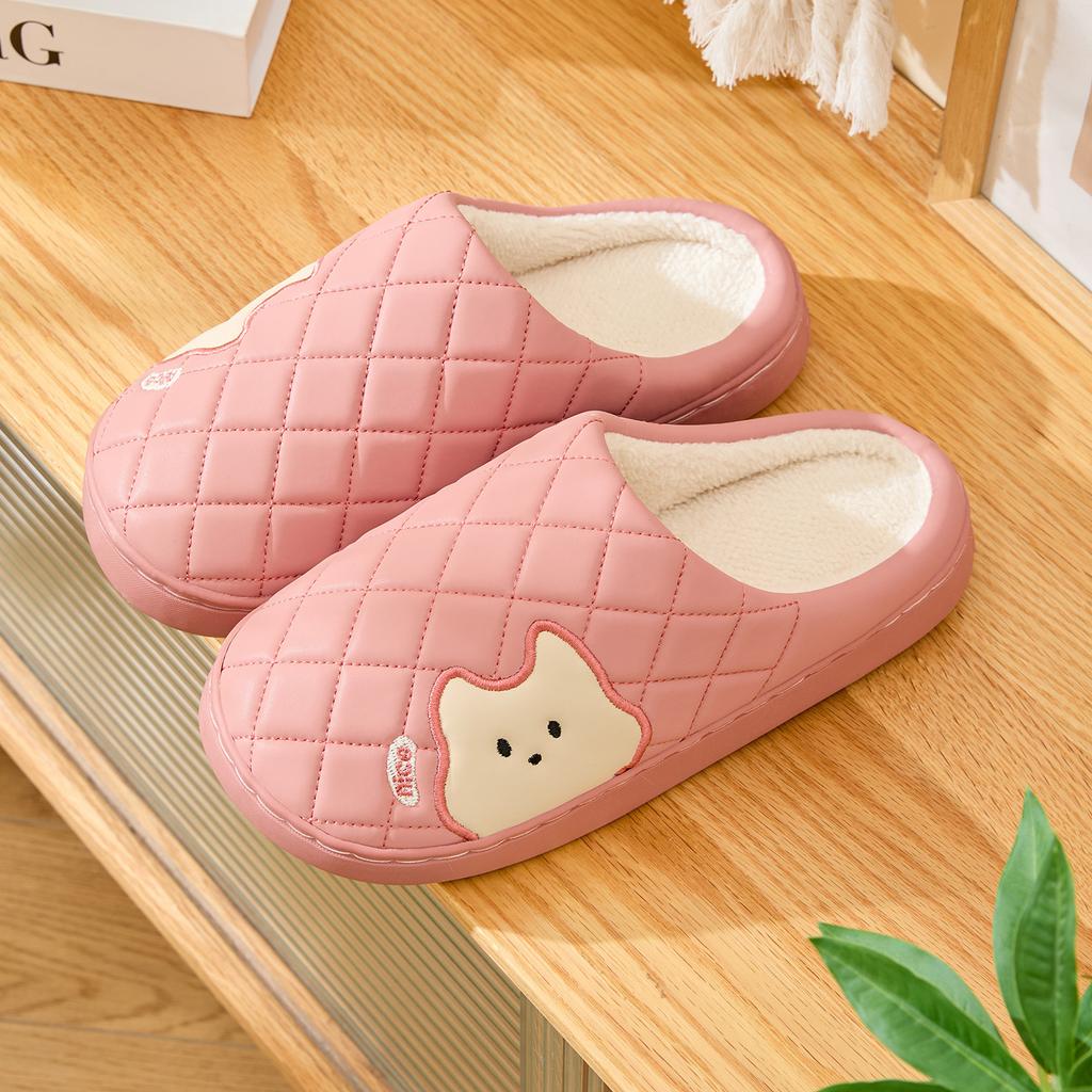 Cartoon Leather Cotton Slippers Waterproof and Non-slip Home Slippers Autumn and Winter Velvet Warm Soft Sole Cotton Mop Indoor Shoes
