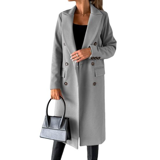 Damen Midi Langer Wollmantel Zweireihiger Trenchcoat Klassisches Revers Peacoat Herbst Winter Übermantel