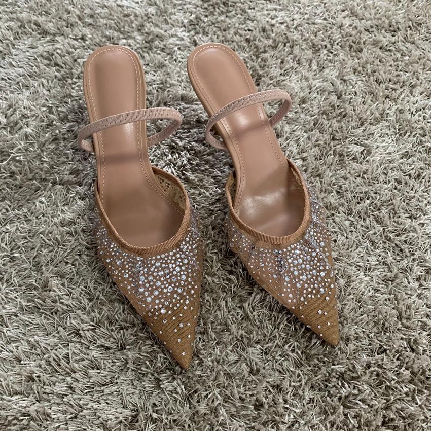 Summer Womens Sandals Rhinestone Bright Mesh High Heels Footwear Elegant Slingback Pointed Slip on Party Lady Pumps Shoes