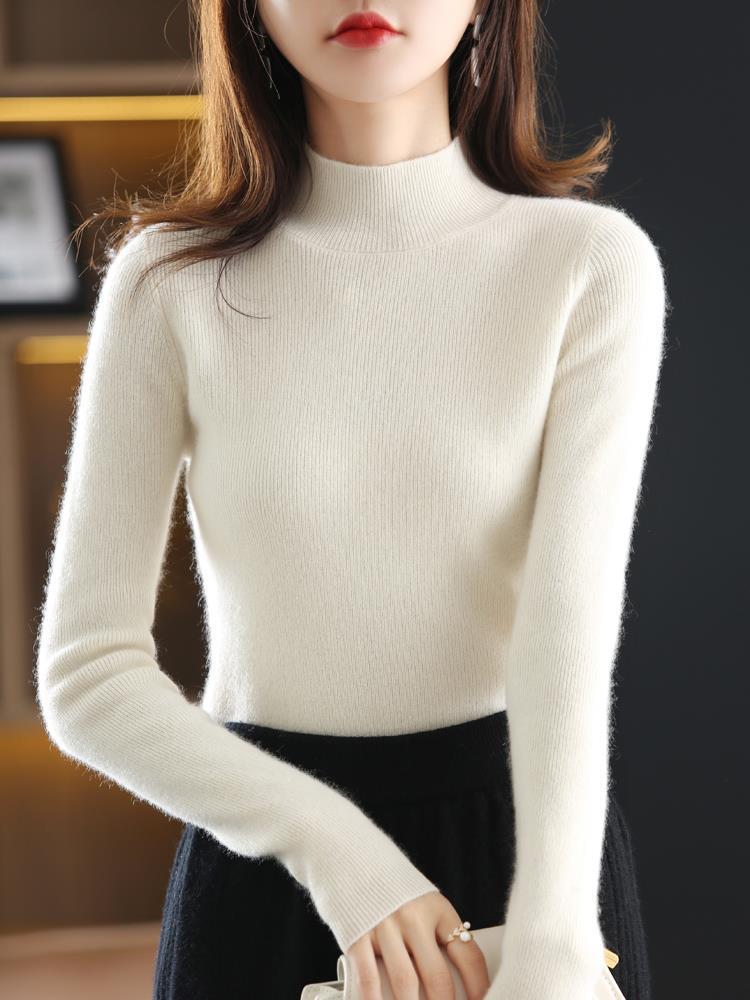 Women's Black Wool Semi-High Neck Base Layer Sweater - Soft, Comfortable, Slimming Fit for Autumn/Winter.