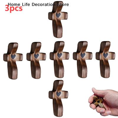 Cross My Heart Encouragement Gift Christian Prayer Handheld Walnut Wooden Cross with Heart To Carry In Pocket, Emotional Support