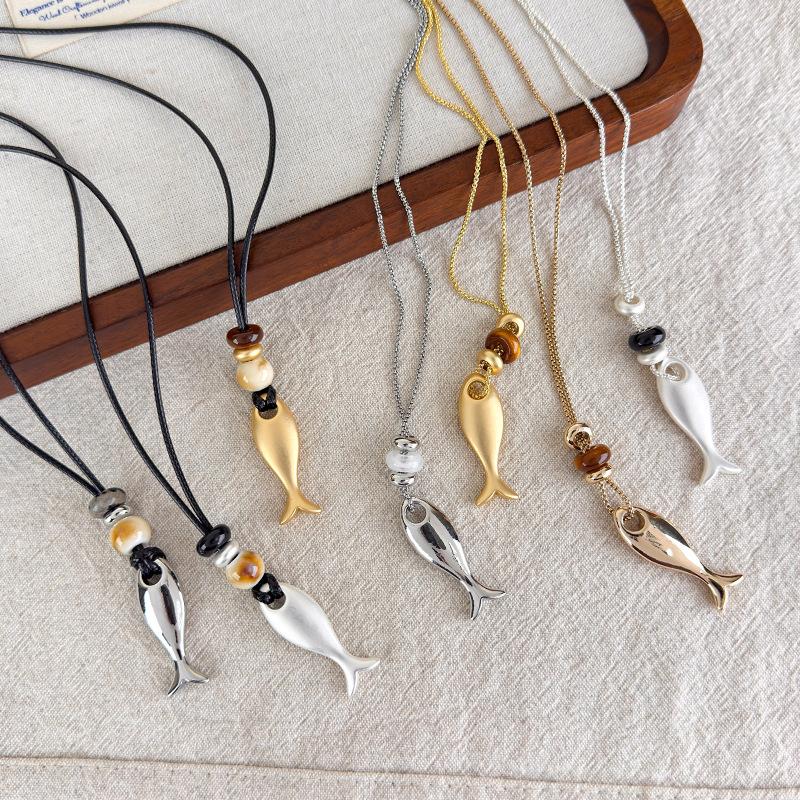 2026 Trendy Metal Fish Pendant Long Chain Leather Cord Necklace For Women Men Summer Fashion Personalized Charm Neck Jewelry