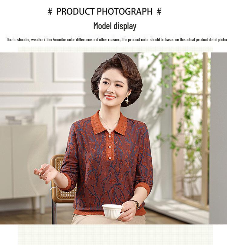 Women's Knitted Long-Sleeve Lapel T-Shirt - Spring & Autumn Fashion for Middle-Aged & Elderly