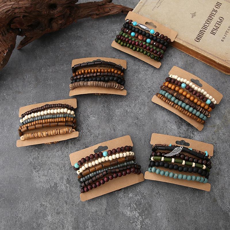 Handmade Beaded Bracelet Men Vintage Multi-Layer Elastic Cord Coconut Wood Beads Adjustable Buddhist Prayer Mala Jewelry Gift