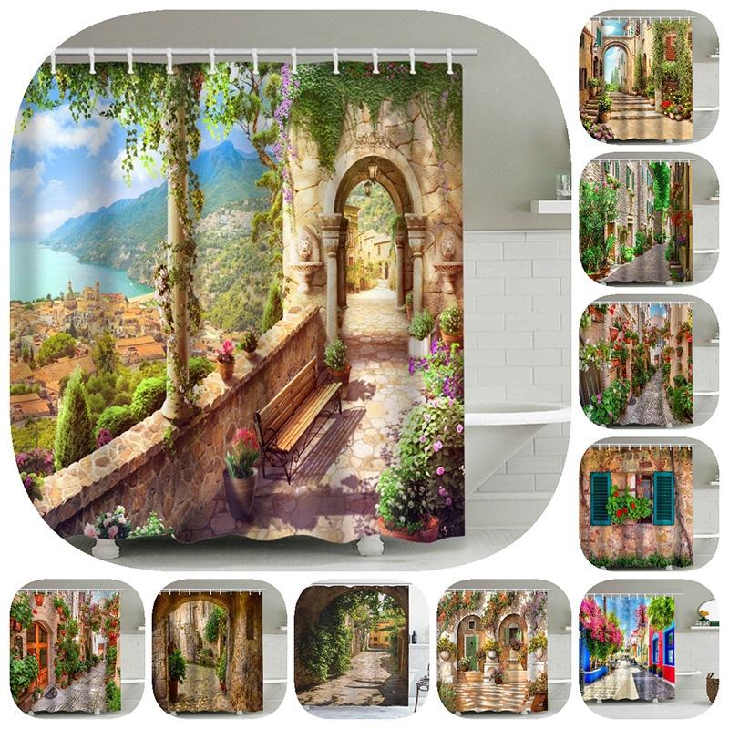 Exquisite Floral Street Duschvorhang Wasserdichter Polyester Badevorhang Für Badezimmer Deko