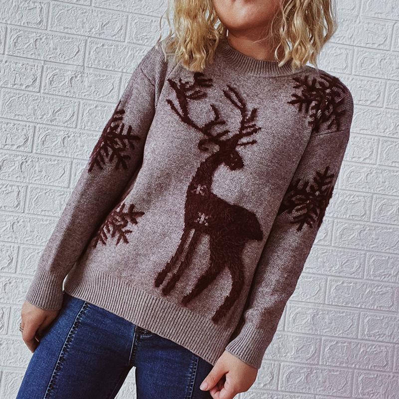 Autumn and Winter Round Neck Long Sleeved Christmas Sweater New Year Snowflake Deer Jacquard Knitted Pullover 3572