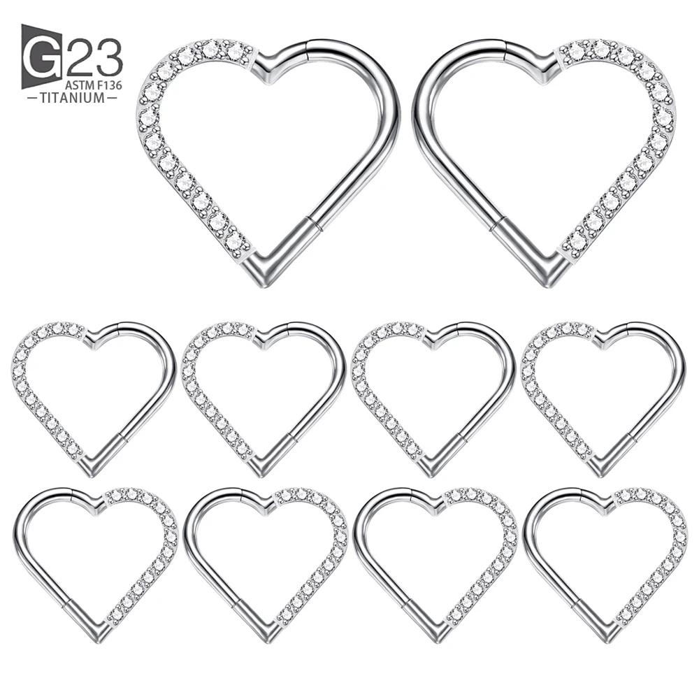 10Pc ASTM F136 Titanium Daith Heart Earring Hoop Cartilage Tragus Helix Rings Hinged Segment Hoop with Clear CZ