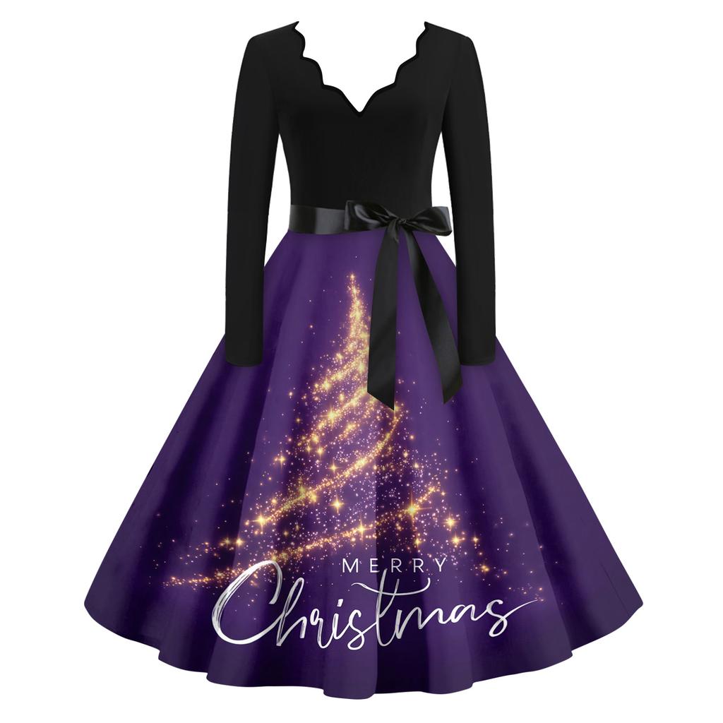 Women's Casual Fashion V Neck Christmas Printed Vintage Dress