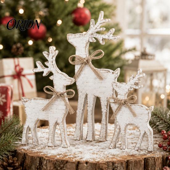 Christmas Elk Tabletop Decor 3Pcs/Set Wooden Table Sign, Rustic Reindeer Family Decoration, Decorative Sign Jute Rope Bow Centerpiece for Xmas Holiday