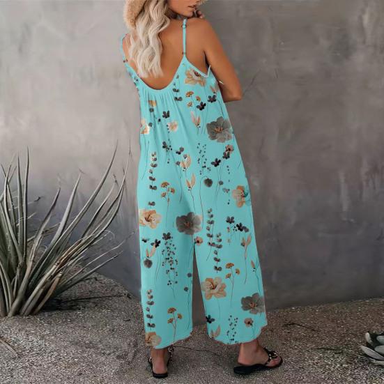 Summer Women Jumpsuit Adjustable Spaghetti Strap Backless Sleeveless Wide Leg Loose Floral Print Deep Crotch Side Pockets Pleated Vacation