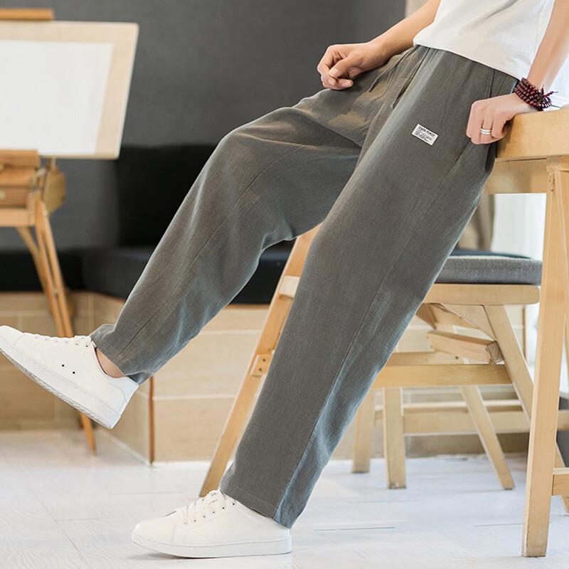 ROMON Men's Summer Loose Fit Cotton Linen Cropped Harem Pants