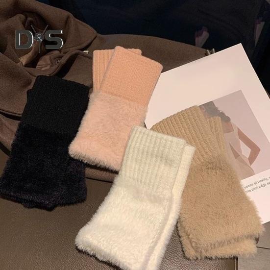 1 Pair Women Winter Gloves Half-finger Thick Plush Elastic Warm Heat Retention Non-slip Windproof Wrist Protection Cycling Riding Mittens