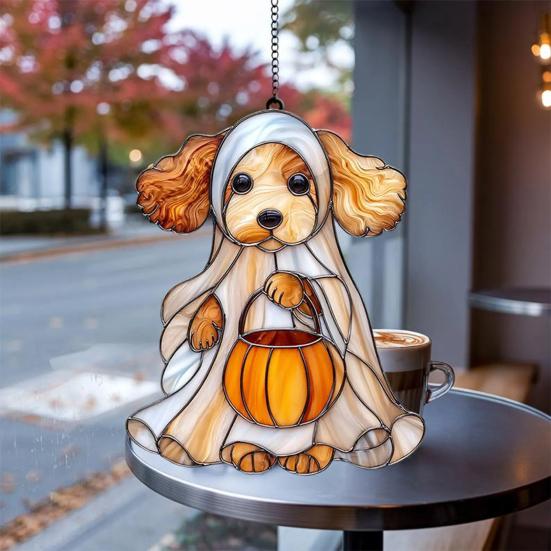 Halloween Ghost Suncatcher Colorful Dog/Cat Pattern Window Hanging Ornament with Pumpkin 2D Acrylic Suncatcher for Halloweens Decor