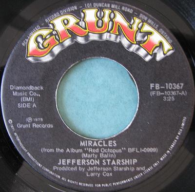 7inch Record JEFFERSON STARSHIP - Miracles FB10367 Grunt 1975 Canada Rock Used