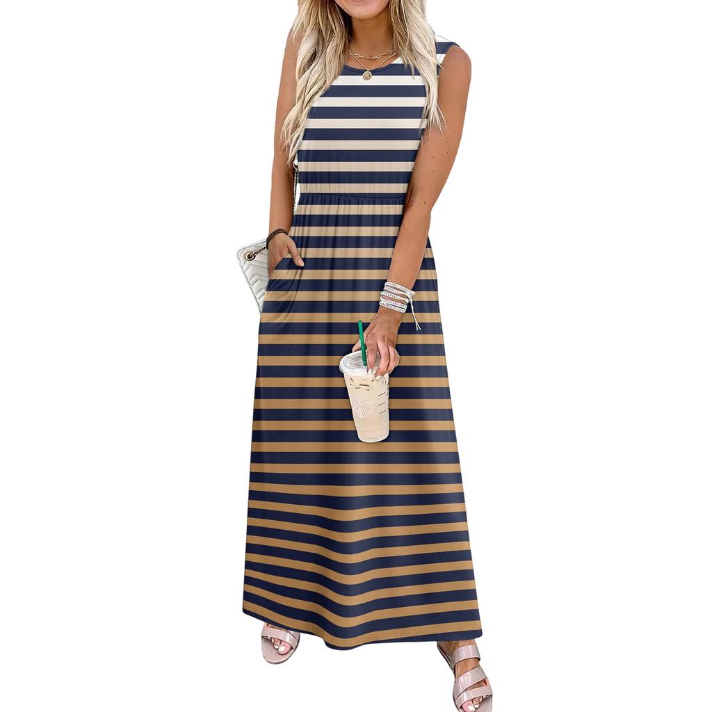 Ladies' striped printed casual and fashionable waist cinched sleeveless dress