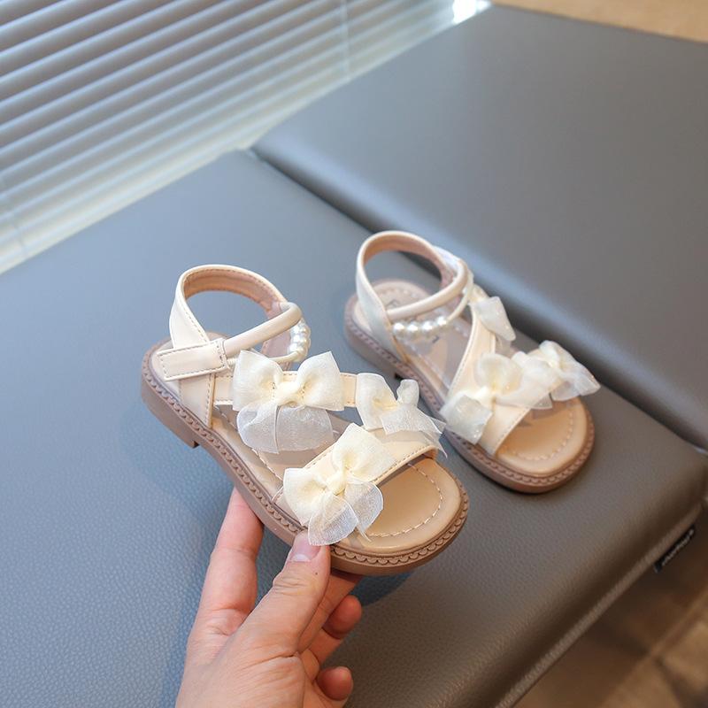 Girls Beach Shoes Open Toes Breathable Kids Sandals Non-slip Hook&loop 2025 Summer New Children Princess Shoes Lace Bows Sweet