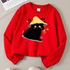 Kids Crewneck Sweatshirt, Cute Black Cat with Straw Hat & Love Print, Soft Casual Pullover for Fall Winter