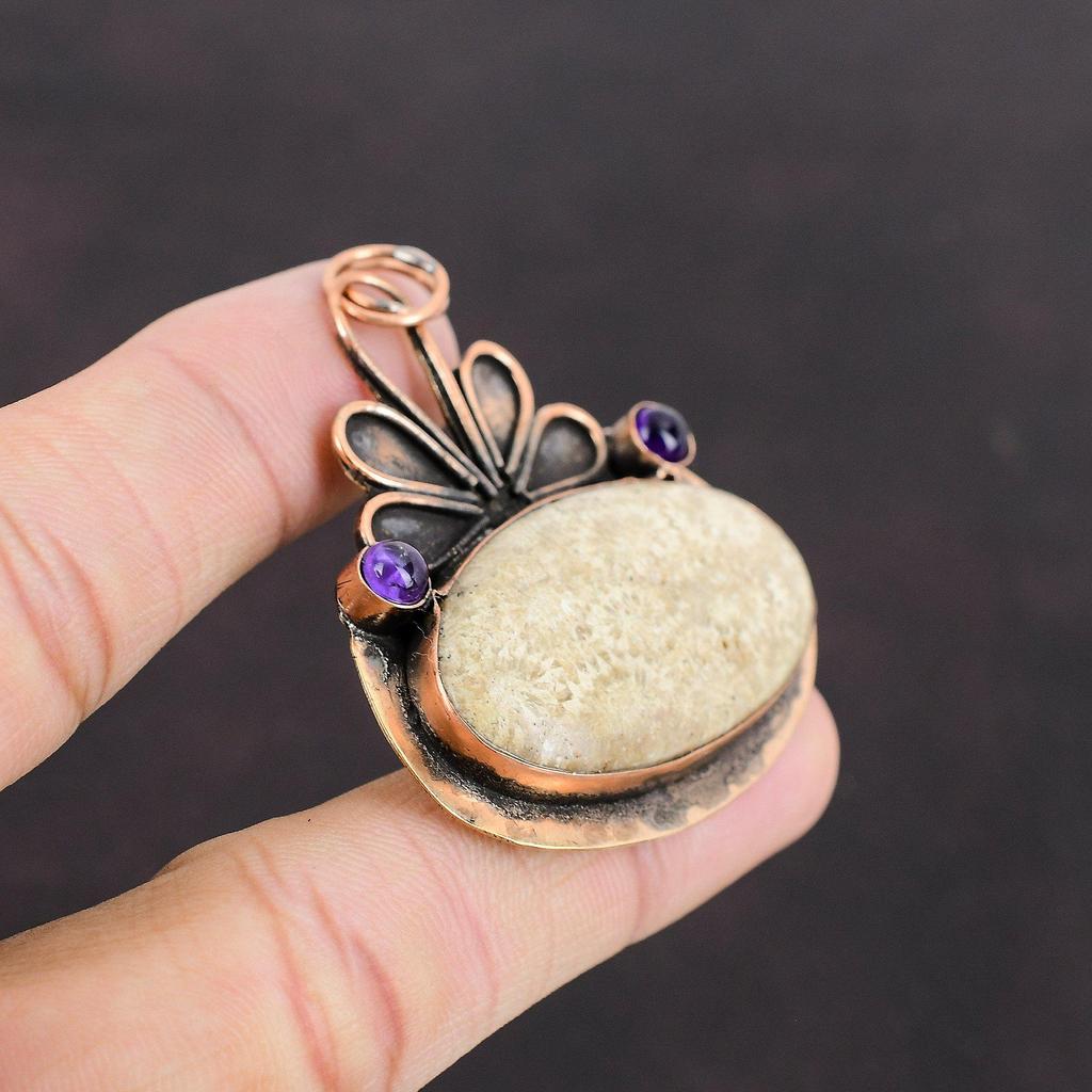 Fossil Coral Pendant African Amethyst Pendant Copper Pendant Excellent Quality Gemstone Pendant Copper Jewelry Handmade Modern Style Pendant