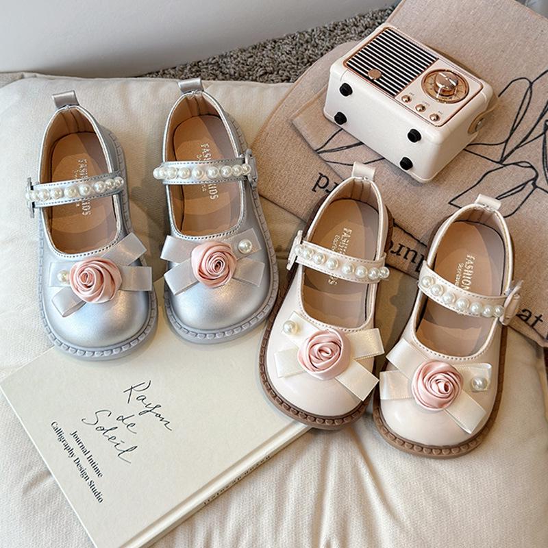 Children's Rose Floral Pearl Mary Jane Shoes - Non-slip, Stylish Spring/Autumn Leather Princess Shoes