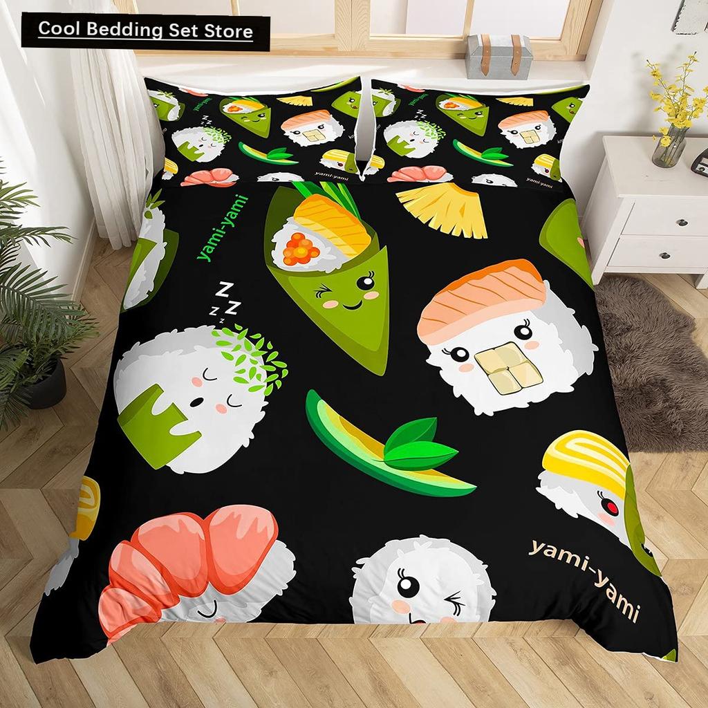 Japan Sushi Königin König Bettbezug Meeresleben Bettwäscheset Cartoon Japanisches Essen Bettdeckenbezug Bunt Polyester Bettdeckenbezug