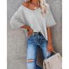 Summer Women V-Neck T-Shirt Waffle Casual Loose Short Sleeve Tee
