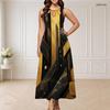 Women Plus Size Round Neck Triple Keyhole Cutout Sleeveless Geometric Printed Black Gold Long Dress