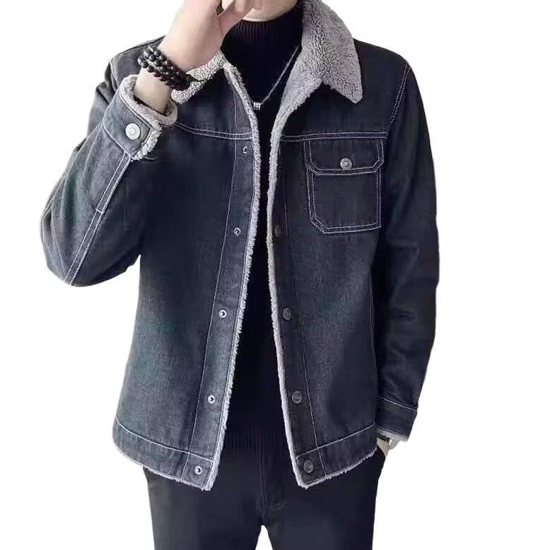 Men's 2024 Slim Velvet Lapel Denim Jacket with Lambskin - Trendy Winter Korean Style