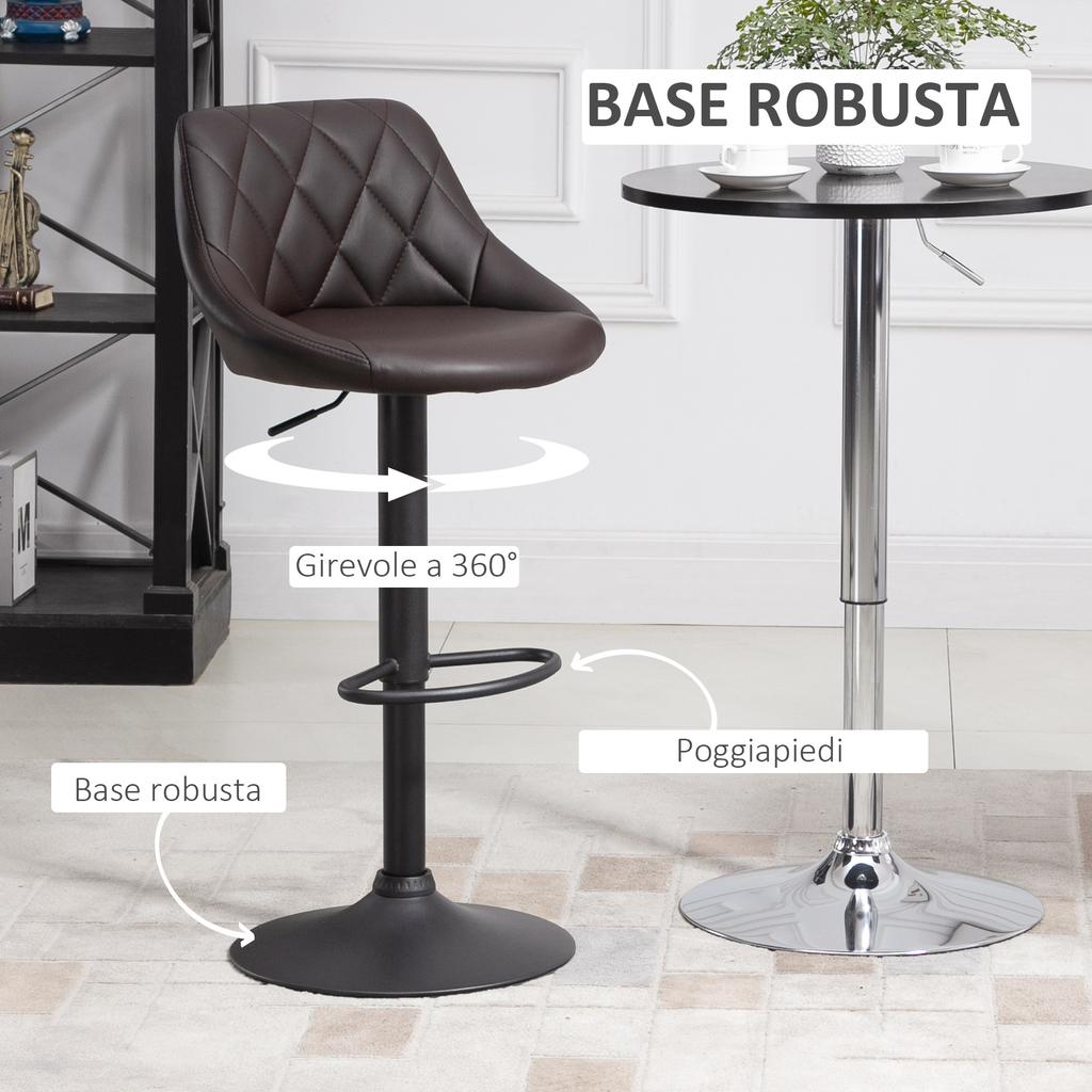 Set of 2 Adjustable Bar Stools with Backrest and Footrest, Metal Base and Faux Leather Seat, 46x48x83-104 Cm, Brown and Black