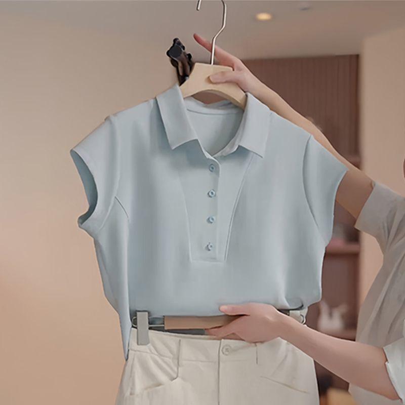 2026 Women's Chic Polo Collar Set: Stylish Solid Color Short Sleeve T-shirt for Summer Commutes