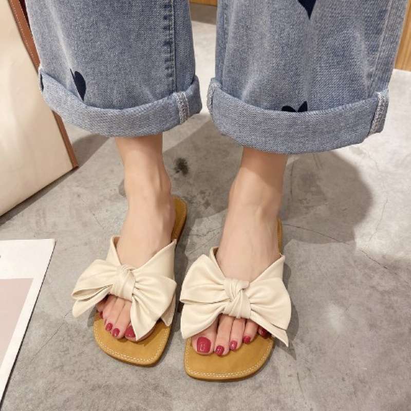 Bow Maternity Slippers Women's Summer Wear Flat Bottom Fashionable Versatile Word Soft Bottom Comfortable Non-slip Cool Slippers