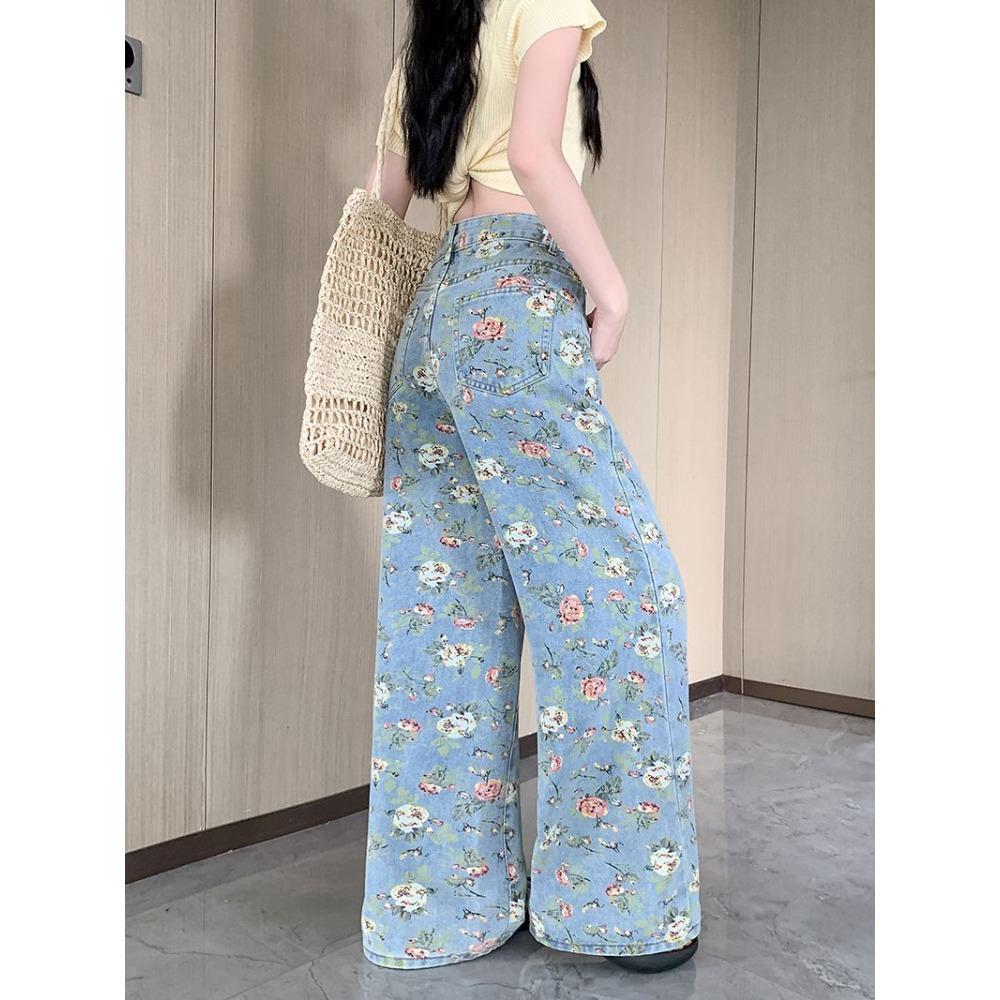 Floral wide-leg jeans women's casual high-waisted hips covering thin loose straight denim wide-leg pants women Light Wash High-waisted Casual Pants