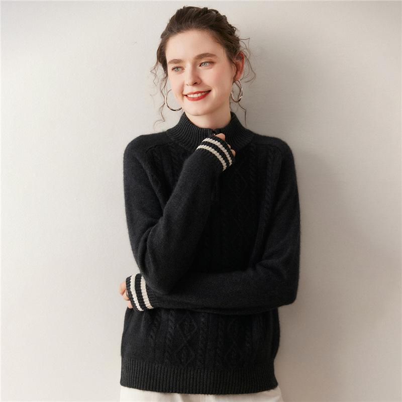 Women's High Neck Half-Zip Cashmere Sweater - 2025 Autumn/Winter Korean Style Jacquard Knit Warm Base Layer