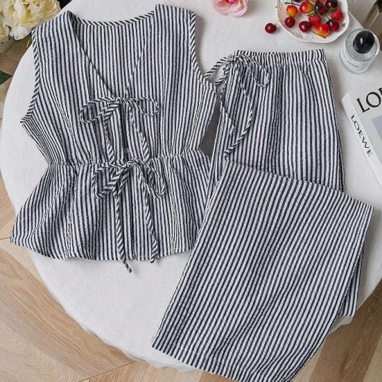 Women's Striped 2 Piece Outfits Tie Front Ruffle Tank Top And Wide Leg Pants Sets Summer Casual Sleeveless Lounge Sets