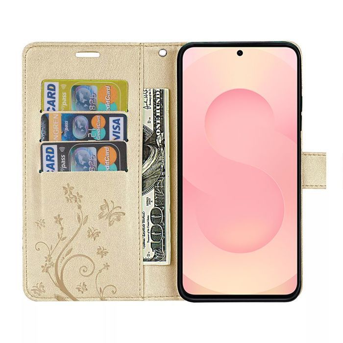 Coque de Protection - BOOLING - pour Samsung Galaxy S25 FE - Antichoc Synthécuir Doré Motif Papillon