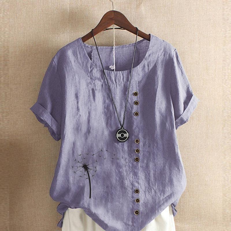 Women's Fashion Black Dandelion Prined Short Sleeve T-shirt Loose Cotton Shirt Casual Loose Summer Plus Size Blouse Tops