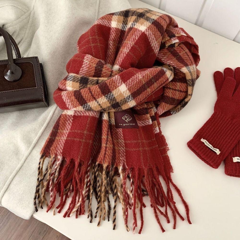 Sweet Winter Knitted Scarves New Year Red Long Shawl Warm Plaid Wool Scarf  Student